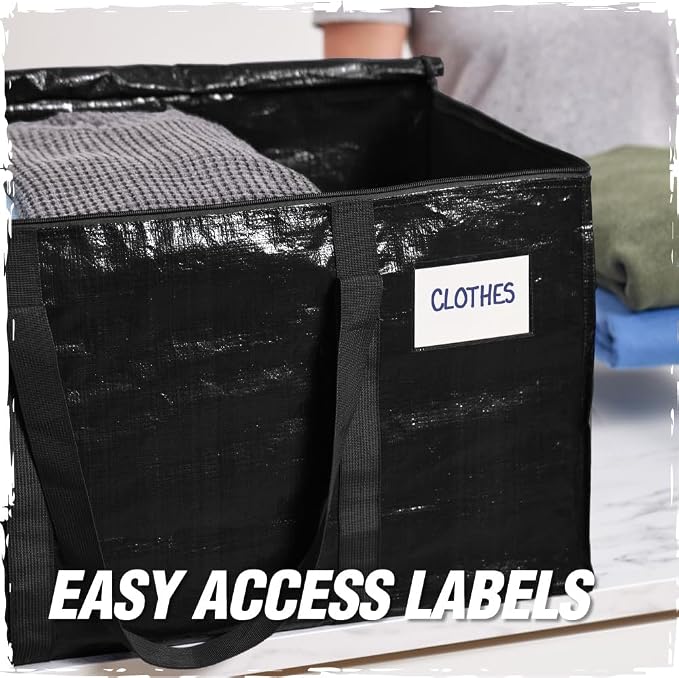 RUGGED RHINO 6 Pack Heavy Duty Extra Large Moving Bags, Durable Bag with Strong Handles and Zipper, Moving Boxes Alternative for College Packing, Holiday Décor, Space Saving Storage with Label, Black