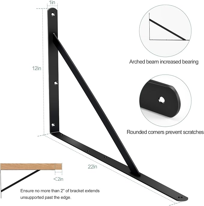 8 Pack L22 x H 12" Black Heavy Duty Shelf Brackets with Screws Metal Shelf Brackets Shelf Support Angle Brackets for Shelves L Brackets Heavy Duty Floating Shelf