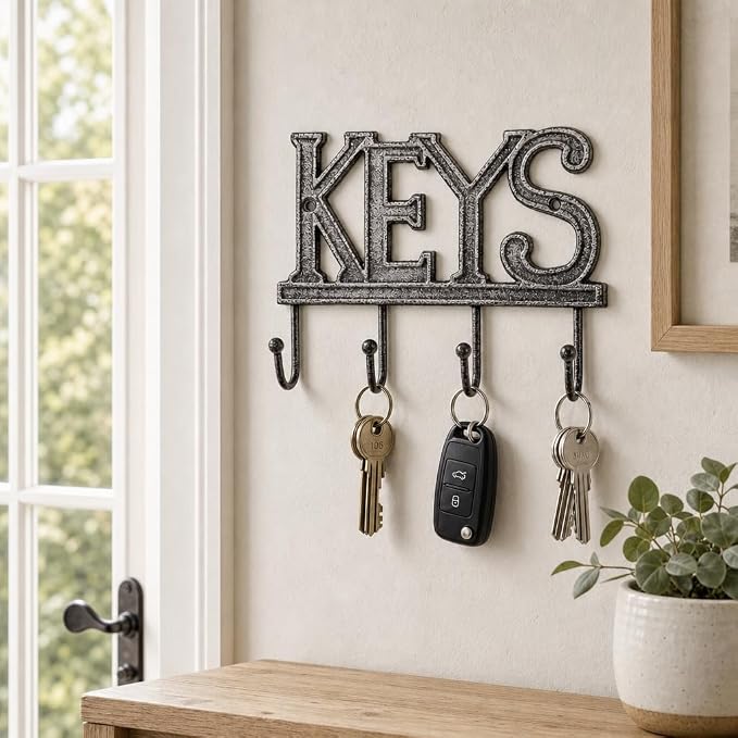 Comfify Gray Cast Iron Key Holder for Wall – Keys Sign with 4 Hooks | Neutral gray versatile finish; mounting hardware included; entryway, hallway or door; 6"H x 8"L; holds 8 keychains