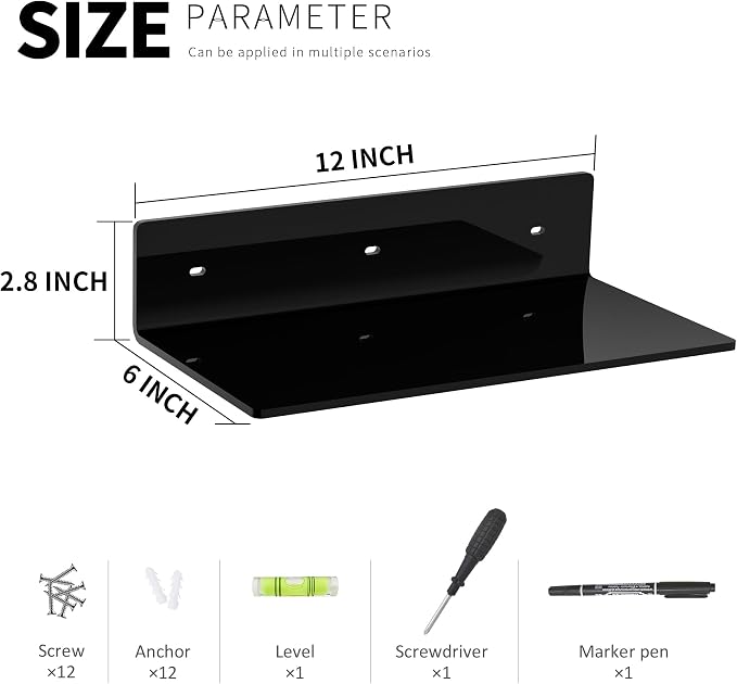 12 Inches Black Wall Shelves Set of 4, Acrylic Floating Shelf for Wall, Wall Mounted Display Shelf for Bedroom, Living Room, Funko Pop Shelves, Smart Speaker, 4 Pack