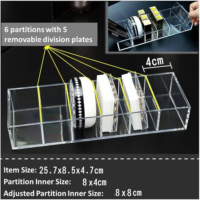 Acrylic Makeup Organizer Cosmetic Storage Makeup Display Case Lipstick Holder Dispenser Adjustable Canister Bathroom Container (10 x 3.4 x 1.9 inches, 6 Partitions, Transparent)