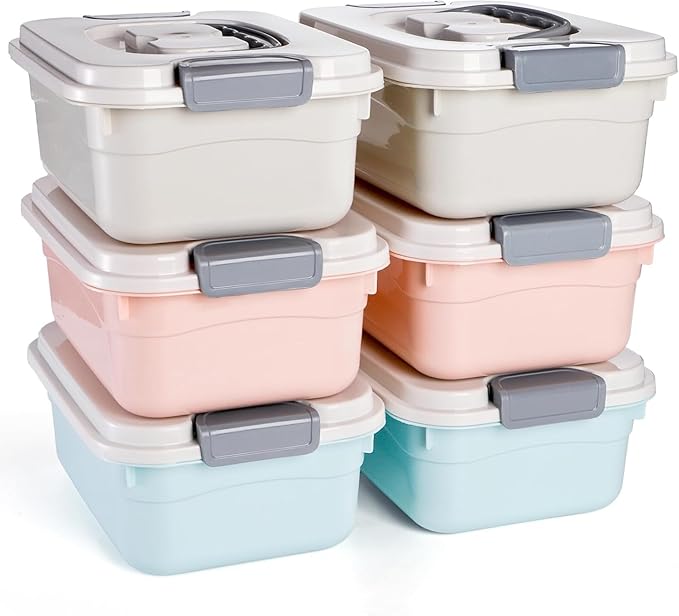 Elsjoy Set of 6 Small Plastic Storage Bins With Lid and Handle, 2.1 Quart Plastic Latch Storage Box Stackable Storage Container, Small Plastic Storage Basket Cute Organizer Box for Home, Office