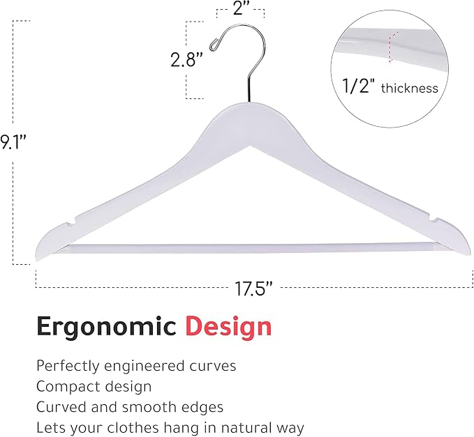 Quality Hangers Wooden - Slightly Curved Hanger 90 Pack Sets - Solid Wood Coat with Stylish Chrome Hooks - Heavy-Duty Clothes, Jacket, Shirt, Pants, Suit Hangers(White, 90), 17.5 inch, W040-30/ctn