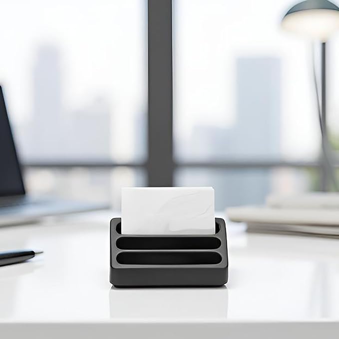FREELOVE Desktop Card Holder, Concrete, Handmade, 3 Stair 3 Slots, Fits 30-50 Business Cards, Stone Weighted, Smooth Finish, Eva Base, Office Desk Organizer (Black, Small)