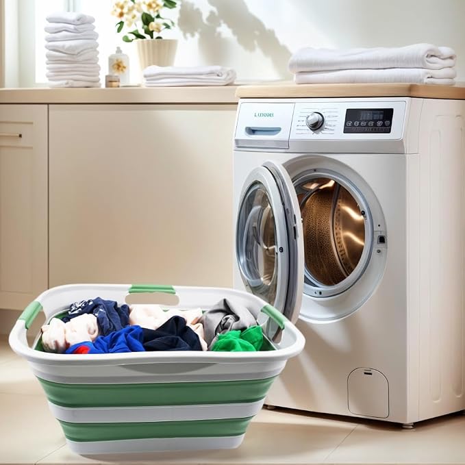 SAMMART 30L(8 gallon) Collapsible Plastic Laundry Basket - Foldable Pop Up Storage Container/Organizer - Space Saving Hamper/Basket - Water Capacity 24L(6.3 gallon) (1, Grey/Dark Sea Green)