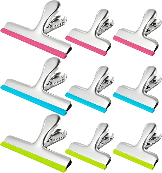 HOUSE AGAIN 9 Pack Stainless Steel Chip Bag Clips Covered with Silicone - NO More Sharp Edges - Color Coded for Upgrade Wide Open Food Bags, Heavy Duty for Kitchen and Office, (3 x L, 6 x S)