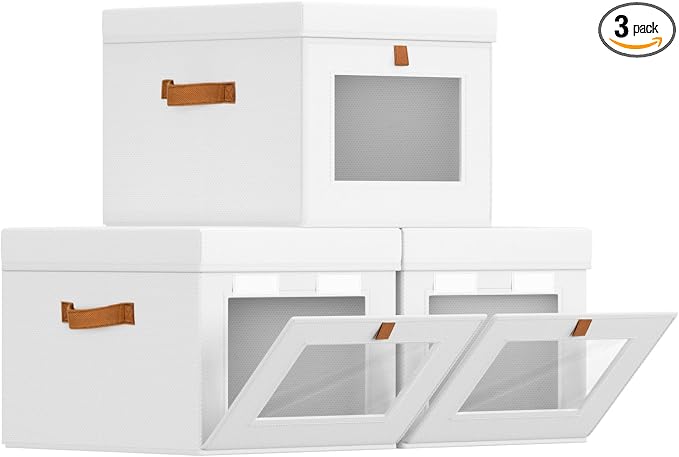 Homsorout Storage Bins with Lid – Closet Organizer with Side Opening and Clear Window, Foldable Stackable Fabric Basket for Clothes, Home, Office - 13.77" x 11.8" x 9.8", 3 Pack, White