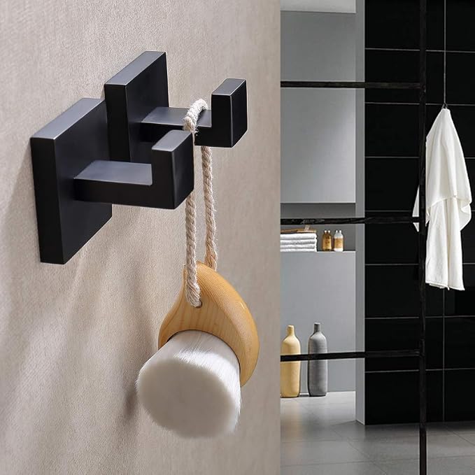 TASTOS Bath Towel Hooks Matte Black, 4 Pack Stainless Steel Robe Coat and Clothes Hook, Heavy Duty Wall Hook for Bathroom & Kitchen, Modern Square Style Wall Mounted