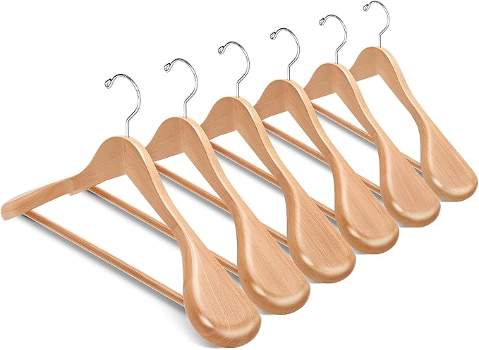Amber Home 6 Pack Wide Shoulder Wooden Suit Hangers, Natural | Natural Wood Coat Hangers with Non Slip Pants Bar, Clothes Hangers for Jackets, Sweaters, Pants & Heavy Clothes