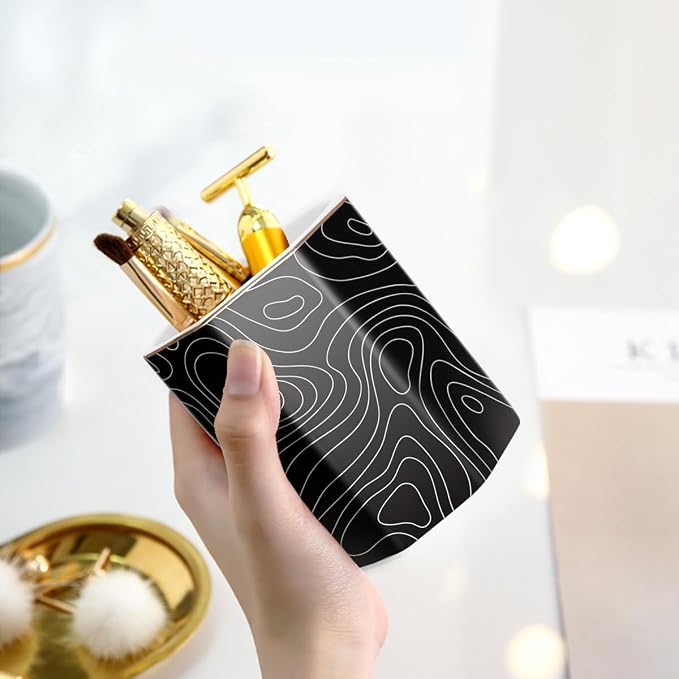 Black Pen Holder, Pencil Cup for Desk, Cute Desk Organizer, Durable Ceramic Decorative Makeup Brush Desktop Accessories, Stylish Stationery for Office, Home, Abstract Pattern