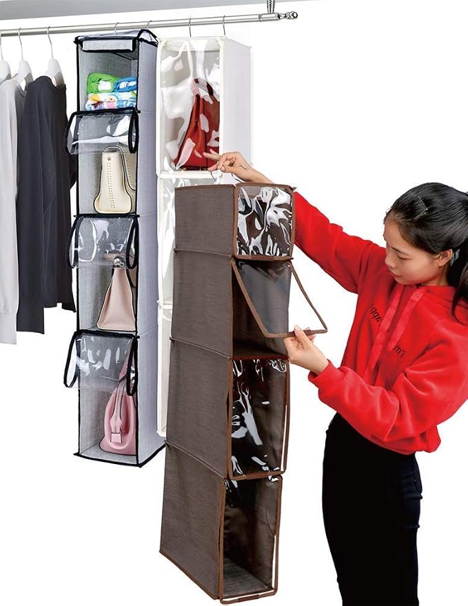 4 Tier Handbag Purse Organizer with Dustproof Cover, Foldable Hanging Closet Wardrobe Storage Shelves Closet Storage System for Living Room Bedroom Home Use, Grey