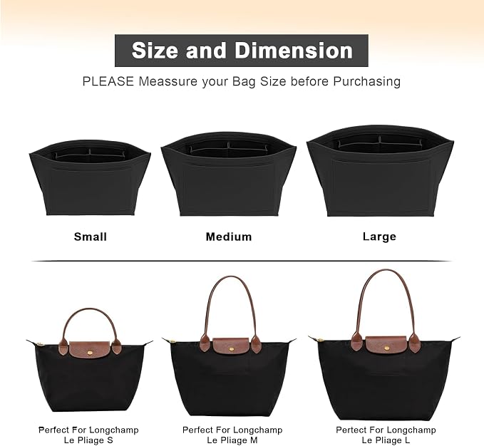 LOUKAYCCI Purse Organizer Insert for Longchamp Le Pliage L Handbag Insert Felt Long Champ Tote Bag Organizer Insert with Cup (Black, Large)