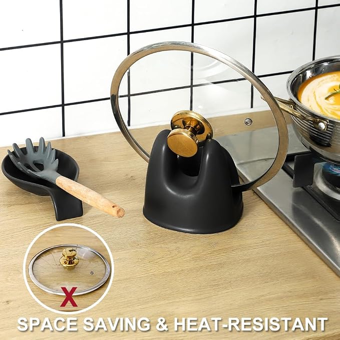 Nihow Ceramic Pot Lid Holder While Cooking for Kitchen Counter/Stove Top | Matte Black,Stable, Dishwasher Safe, Keep Counter Top Tidy and Clean,Water Proof,Saving Space,Heat Resistant