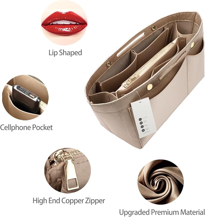 ZTUJO Purse Organizer Insert For Handbags, Silky Bag Organizer With 2 Zippers For Speedy Neverful Tote and More (Beige, Large)