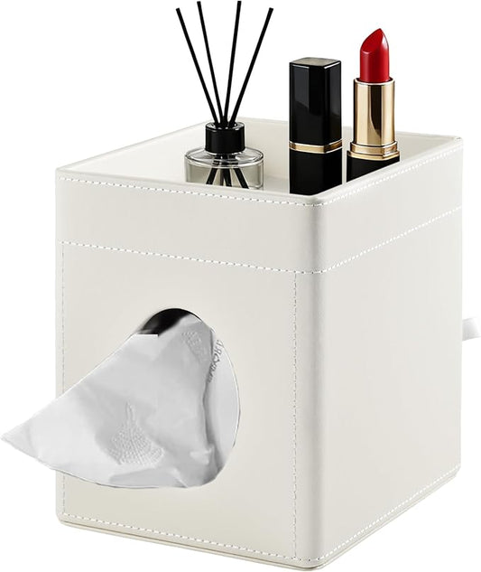 Tissue Box Cover with Storage Tray Square Tissue Box Holder PU Leather Facial Tissues Organizer Tray for Bathroom Vanity Bedroom Office Car,Stylish Napkin Caddy Decorative Organizer,Cream