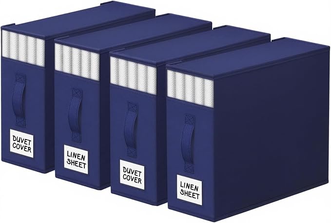 StorageTastic 4 Pack Bed Sheet Closet Organizers and Storage,Sturdy Foldable Storage Containers with Window and Label,Storage and Organization for Bedding Sheets,Duvet Covers,Blankets (Blue)