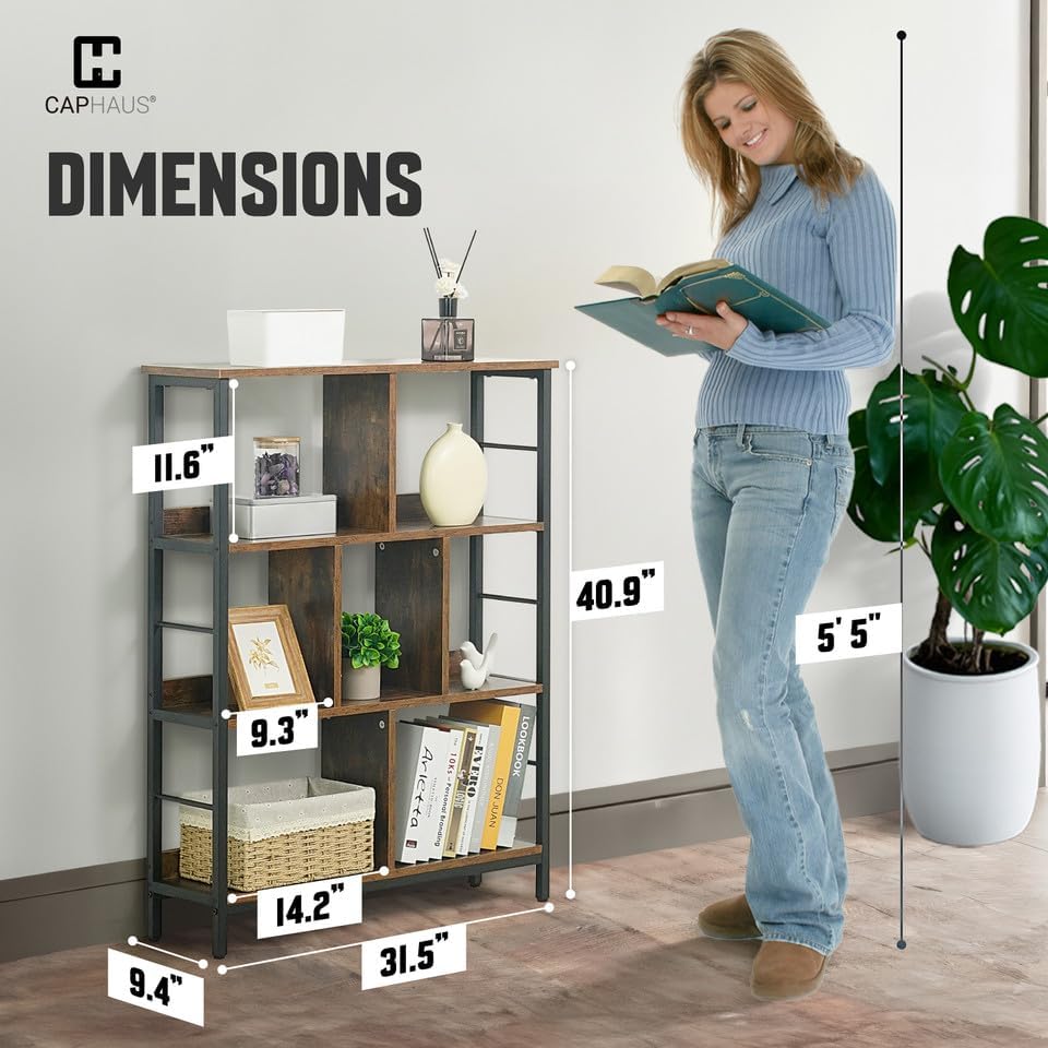 CAPHAUS 7 Cube Storage Organizer, 32” Wide 3 Tier Rustic Oak Industrial Open Shelf Bookcase, Display Shelf, Horizontal B