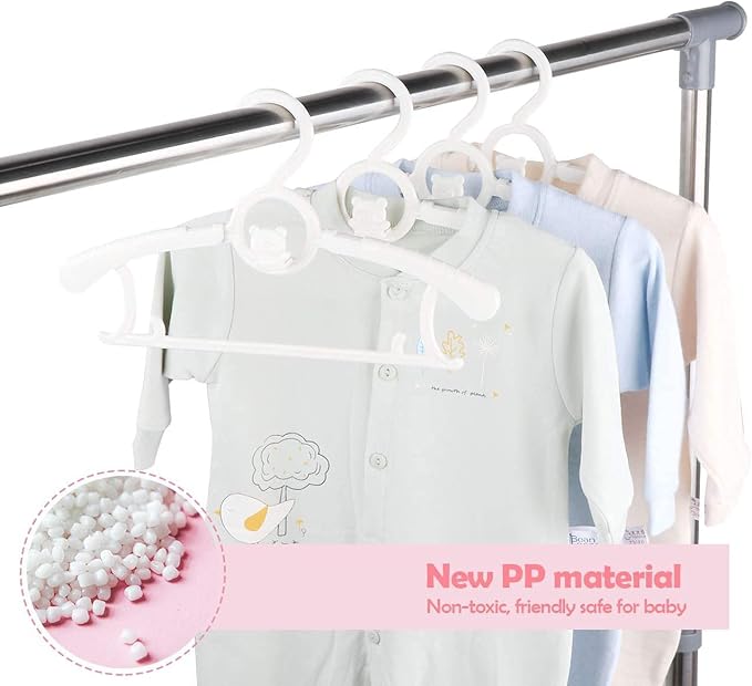 Baby Clothes Hangers 20 Pack, Plastic Kids Hangers Space Saving for Closet | White Hanger for Toddler Girl and Boy, Lightweight Anti-Slip Cascading Padded Extendable Adjustable Pant Bear Children Hangar