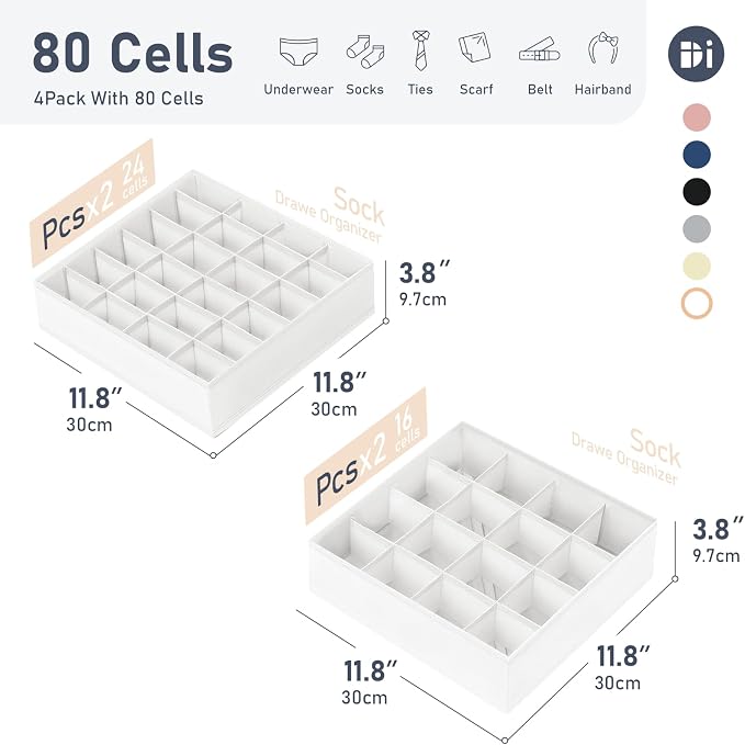 Joyoldelf Drawer Organizer 4 Pack - 2 x 24 Cell + 2 x 16 Cell Closet Organizers and Storage Dividers for Socks, Handkerchiefs, Ties, Belts (White)