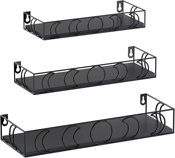 Moon Phase Wall Shelves Black, 3 Pack Small Floating Book Plant Shelves for Bedroom Kid Room, Decorative Storage Display Shelf for Crystal Figurine Collectibles