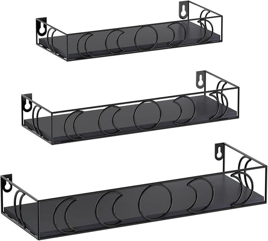 Moon Phase Wall Shelves Black, 3 Pack Small Floating Book Plant Shelves for Bedroom Kid Room, Decorative Storage Display Shelf for Crystal Figurine Collectibles