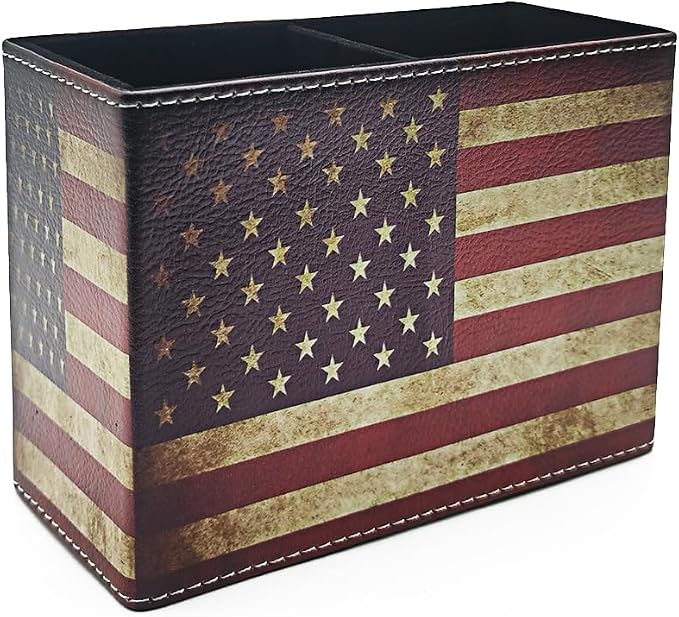 Pen Holder, Rectangle Vintage Pencil Holder with 2 Compartments, PU Leather Art Remote Control Holder Organizer Storage for Desk Accessory (American Flag)