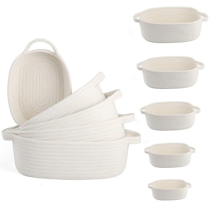 VOOWO Set of 5 Rectangular Cotton Rope Baskets for Storage, Organizing, Decorating, Off White