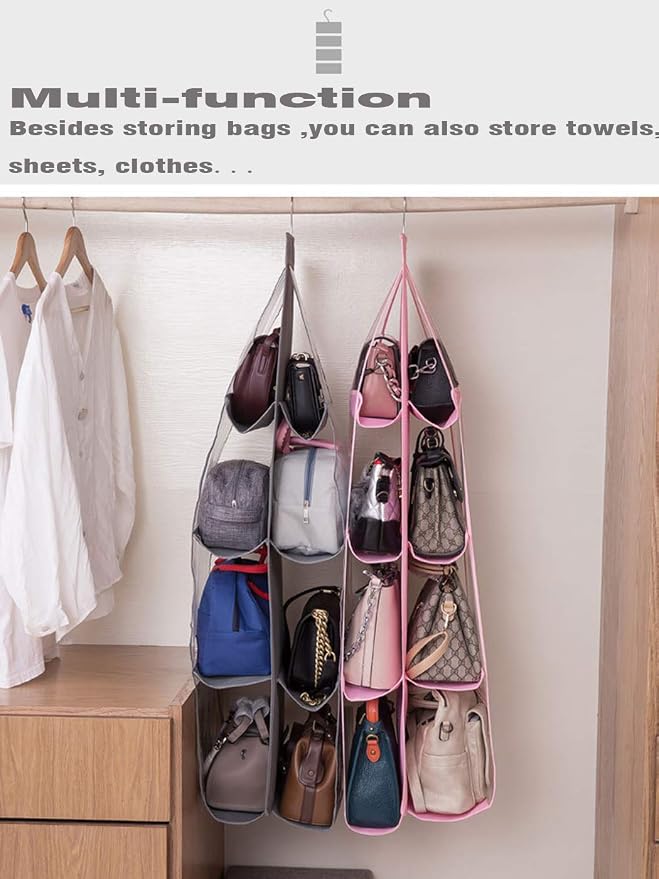 AARAINBOW 1 Pack Hanging Handbag Purse Organizer for Closet, 8 Pockets Wardrobe Space Saving Purse Holder, Handbag Storage Bags Hanging, Womens Purse Storage Organizers, 41L x13.5W (B-Dark Gray)