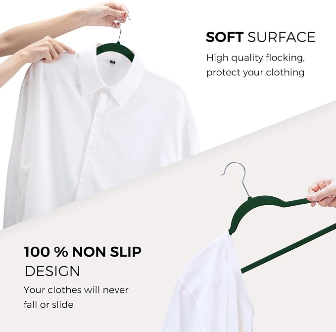 HOUSE DAY Premium Velvet Hangers 50 Pack, Non-Slip Flocked Felt Hangers, Sturdy Clothes Hanger with 360° Rotatable Hook, Heavy Duty Durable Slim Coat Hanger for Closet Space Saving(Emerald Green)