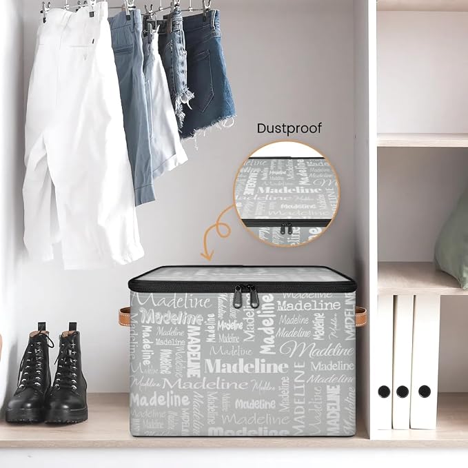 Custom Storage Basket with Name, Personalized Keepsake Box with Zipper Lid, Foldable Fabric Memory Bin Large capacity with Handle Grey