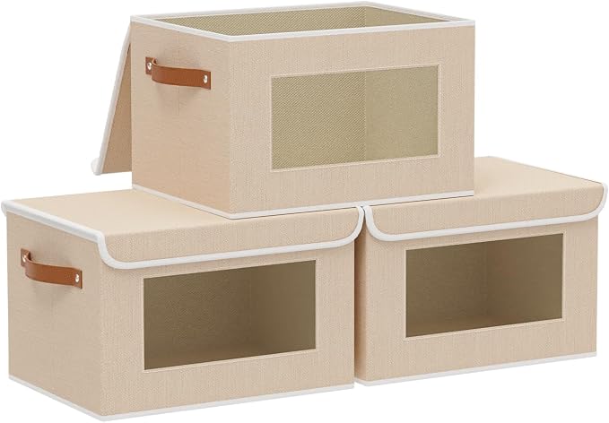 Beige Portable Storage Box,Closet Bin,10.2x7.8x6.7In,3Pack | Decorative Storage Bins with Lids,Shelf Baskets with Handles and Window,Fabric Closet Organizers,Sock Cube Container for Home