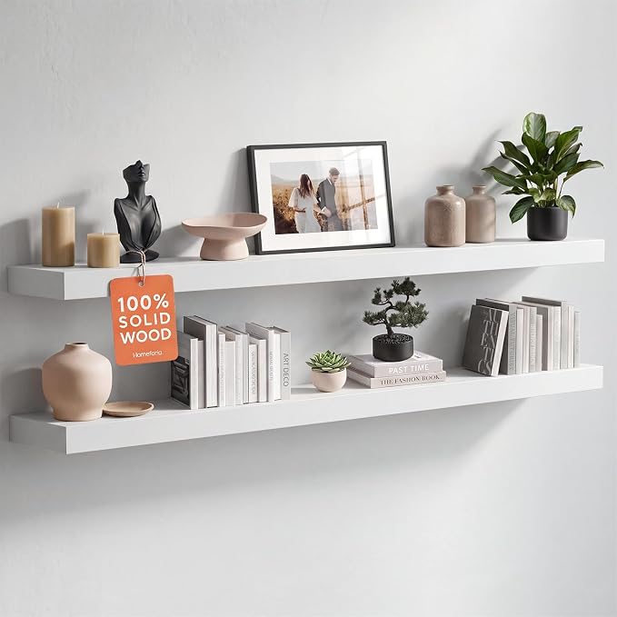 Homeforia White Floating Shelf 48 inches, High End Solid Real Wood 48inch Long Floating Shelves for Wall Mounted, White Wooden 48in Floating Shelves, Heavy Duty Bracket, 48 X 6.5 X 1.75 inch, Set of 2