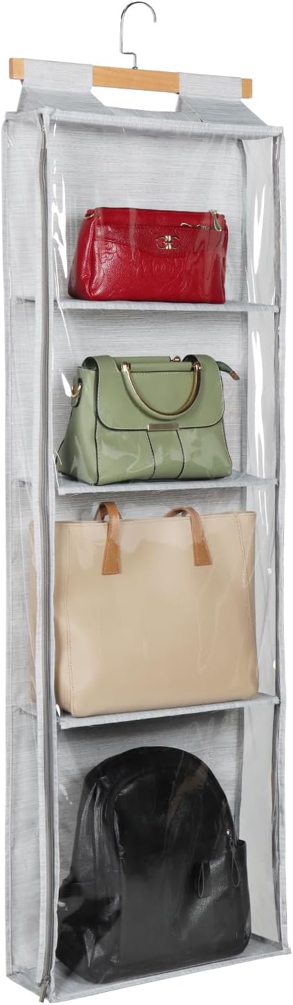 Syeeiex Hanging Handbag Purse Organizer with Zippers, Clear Slubbed Fabric+PVC Hanging Closet Bag Organizer, 4 Mesh Shelves,Dustproof Handbag Closet Tote Storage Bag for Door, Wardrobe, Shelf Rack