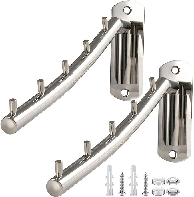 2 Pack Folding Wall Mounted Clothes Hanger Rack Clothes Hook Stainless Steel with Swing Arm Holder Clothing Hanging System Closet Storage Organizer Heavy Duty Drying Rack Wall Mount Hanger
