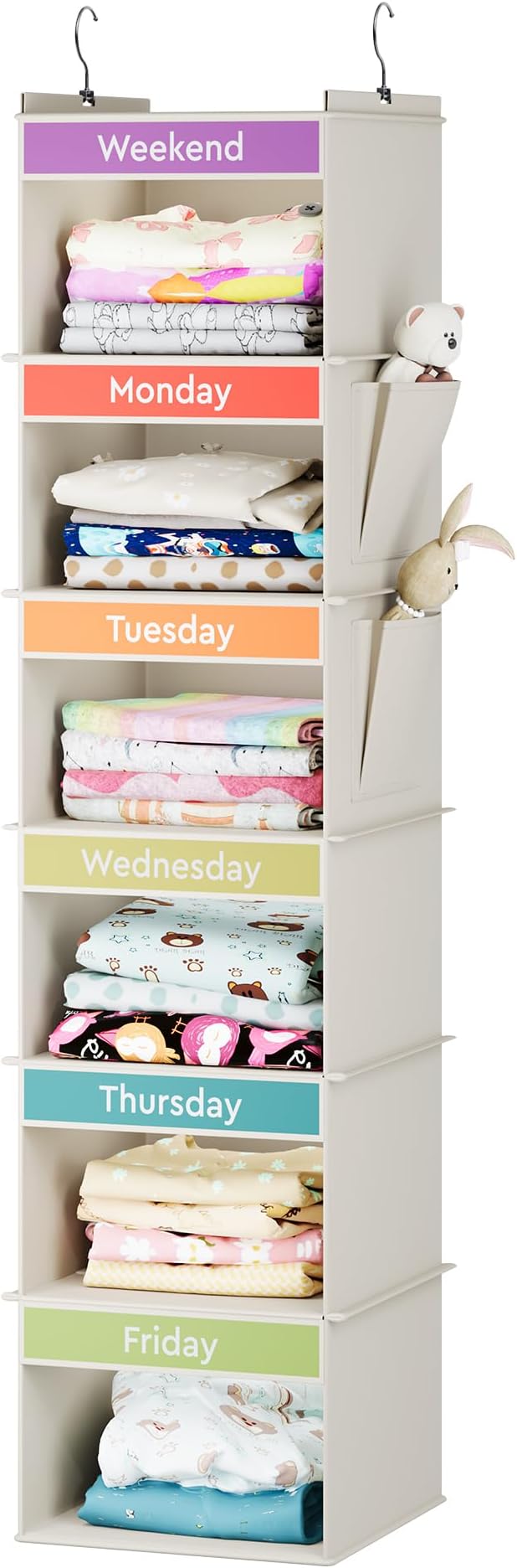 YOUDENOVA 6-Shelf Weekly Hanging Closet Organizer, Weekly Clothes Organizers for Kids with 2 Side Pockets, Beige