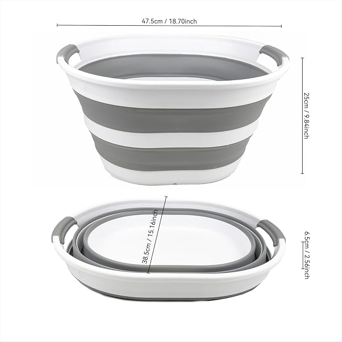 SAMMART Collapsible Plastic Oval Laundry Basket 23L (6 Gallons) -Foldable Storage Container/Organizer - Portable Washing Tub - Space Saving Hamper for Laundry, Camping & Home (White/Grey)