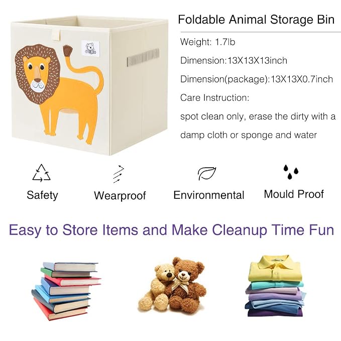 Foldable Animal Cube Storage Bins Fabric Toy Box/Chest/Organizer for Toddler/Kids Nursery, Playroom, 13 inch (Lion)