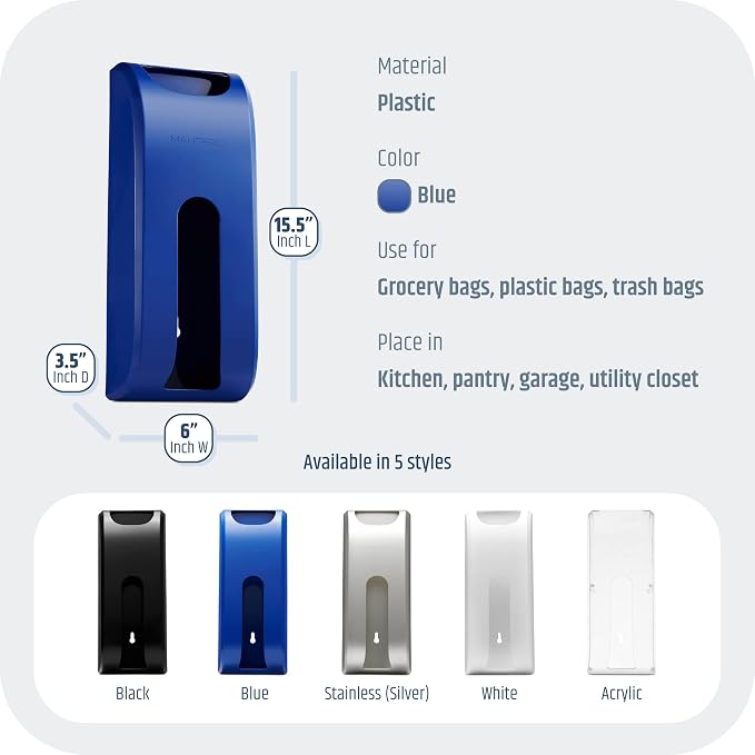 Manterio Plastic Bag Holder | Durable Plastic Wall Mount Kitchen Grocery Bag Storage Organizer | Smudge Proof, Fingerprint Resistant | Blue