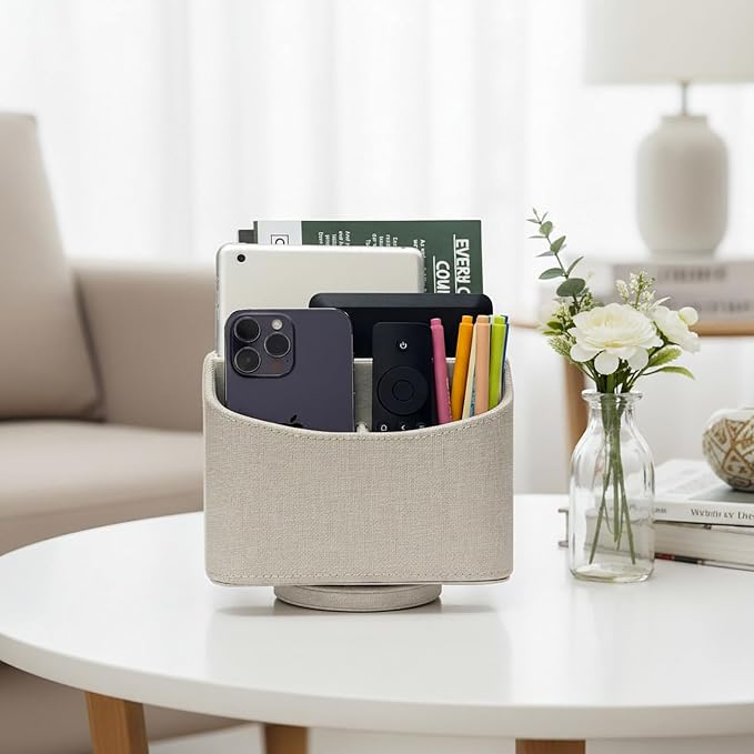 UnionBasic Rotating Desk Organizer, 360 Desk Spinning Caddy, Desktop TV Guide/Mail/Media/Remote Controller Holder Organizer, Beige