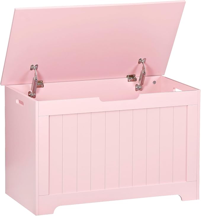 LEMY Storage Bench, Wooden Chest Box with 2 Safety Hinges, Modern Organizer Cabinet for Living Room, Bedroom, Entryway, Pink