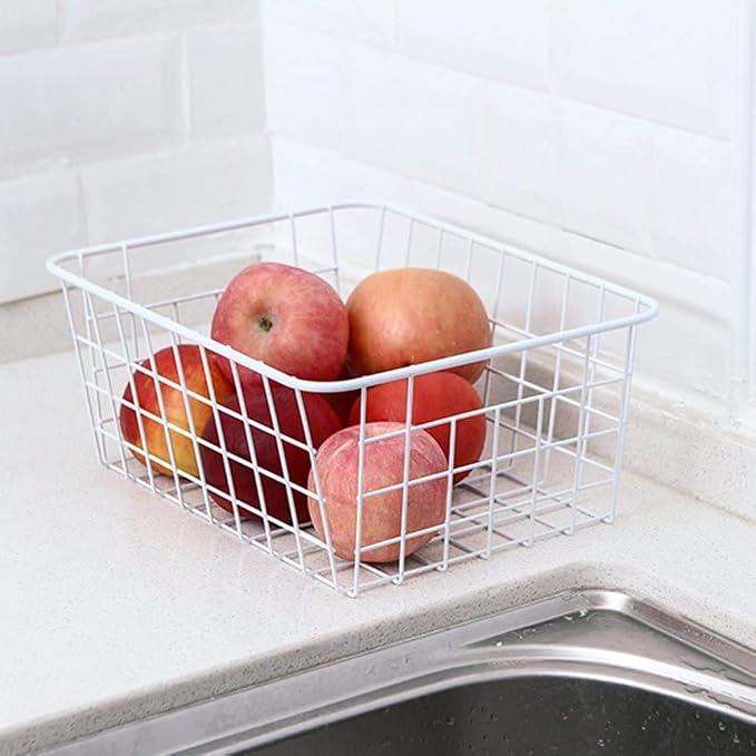 Redrubbit Wire Storage Baskets, Large Farmhouse Metal Freezer Basket Storage Organizer Bins with Handles for Kitchen Cabinets, Pantry, Closets, Bedrooms, Bathrooms, Set of 2, White