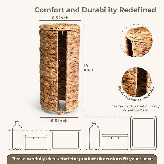 KOKODO Water Hyacinth Free Standing Toilet Paper Holder for Bathroom, Holds 3 Rolls of Toilet Tissue Storage with Removable Lid, Woven Wicker Toilet Roll Holder Stand with Easy Access Front Opening