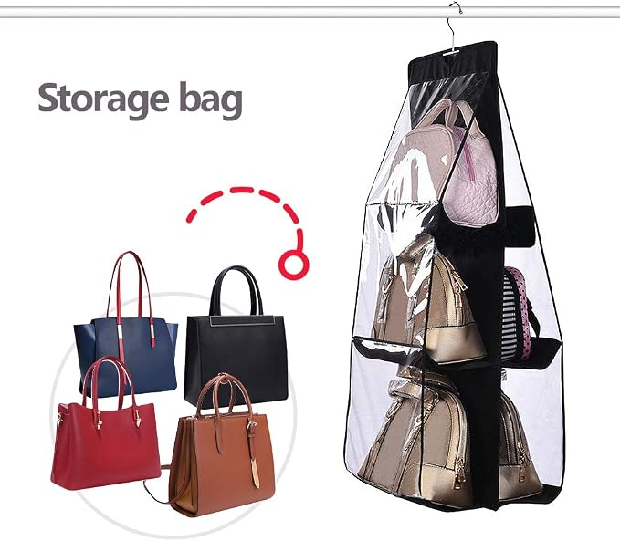 DIOMMELL Hanging handbag Organizer Storage Holder Purse Clutch hanger bags for Closet Wardrobe with 6 Larger Pockets, Black