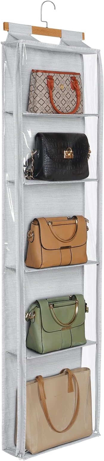 Syeeiex Hanging Handbag Purse Organizer with Zippers, 5 Mesh Shelves,Clear Slubbed Fabric+PVC Hanging Closet Bag Organizer, Dustproof Handbag Closet Tote Storage Bag for Door, Wardrobe, Shelf Rack