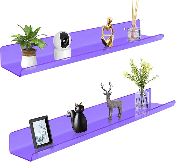 ROYALITA 2-Pack Acrylic Shelves Wall Mounted, 24 Inch Floating Shelves | for Small Items Plants Organize Wall Shelves for Gaming Room, Bedroom, Living Room, Office, Purple
