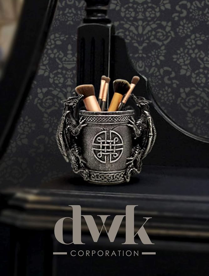 DWK - Literary Beasts - Twin Double Dragon Celtic Gothic Pen Pencil Desk Organizer Makeup Brush Holder Art Supply Caddy Home Office Accent Storage Accessory, Antique Silver Pewter, 6.5-inch