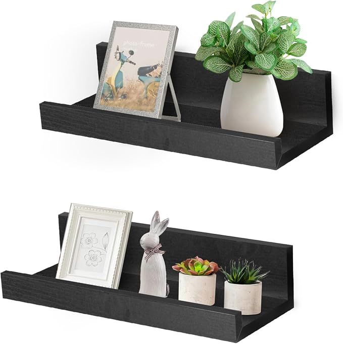 Muzilife 12" Small Floating Shelves Wood Wall Shelf with Lip, 2Pcs, Black | FSC-Certified Wood | 20 lbs Capacity | Space-Saving | Hanging Shelf | Wall Decor| Bedroom,Living Room,Bathroom,Kitchen,Office