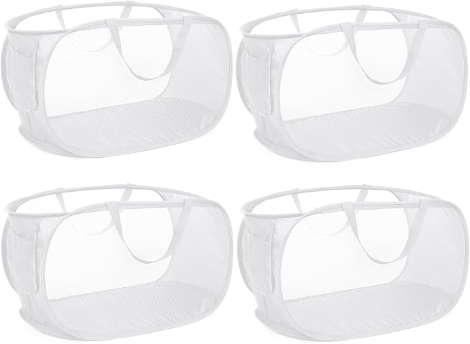 4 Pack Collapsible Laundry Baskets, Foldable Laundry Basket with Pocket, Durable Pop Up Hampers, Reinforced Handles Dirty Clothes Hamper for Laundry, Bedroom, Bathroom, Dorm, Travel or Camping White