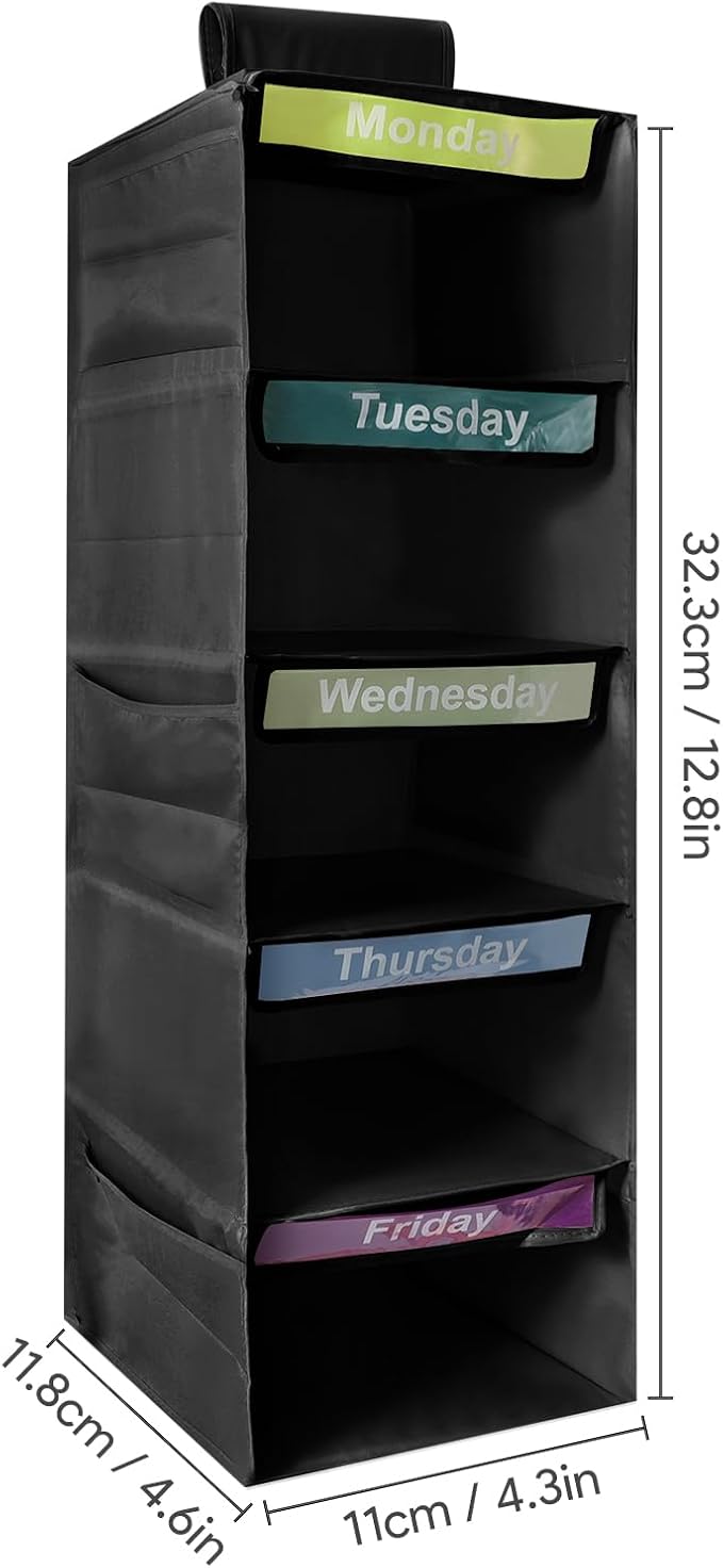 5-Shelf Weekly Clothes Organizer for Kids Days of The Week Storage (Black) | Days of The Week Hanging Storage Shelves for Dorm Room Essential, Daily Shelf Closet Organizer with 6 Side Pockets