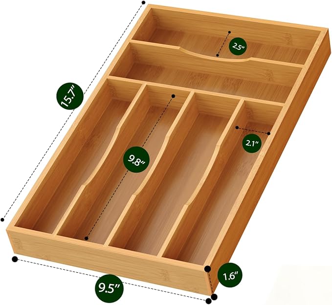 Bamboo Silverware Organizer, Bamboo Kitchen Drawer Cutlery Organizer, Utensil Holder, Flatware Organizer Tray (15.8"x9.5"x1.6")